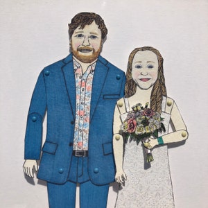 May include: A blue suit with a white and blue patterned shirt, a white dress with a floral bouquet, and a light blue background.