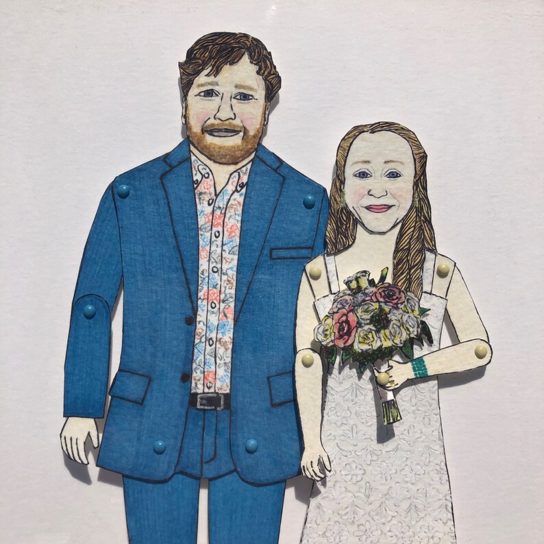May include: A blue suit with a white and blue patterned shirt, a white dress with a floral bouquet, and a light blue background.