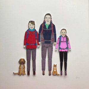 May include: A family of four, including a dog and a cat, are depicted in a paper doll style illustration. The family is wearing hiking gear, including backpacks and jackets. The dog is a brown and white spaniel, and the cat is orange. The illustration is on a white background.