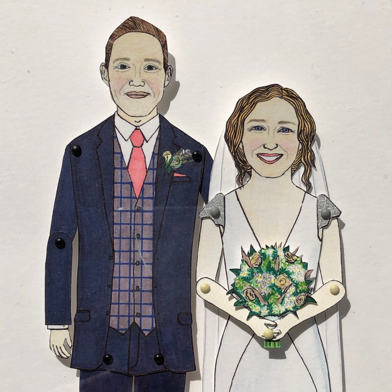 May include: A wedding illustration of a couple in a formal setting. The groom is wearing a dark blue suit with a light blue patterned vest and a pink tie. The bride is wearing a white dress with a floral bouquet and a veil.