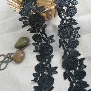 Black Lace Trim, black venise lace trim with roses