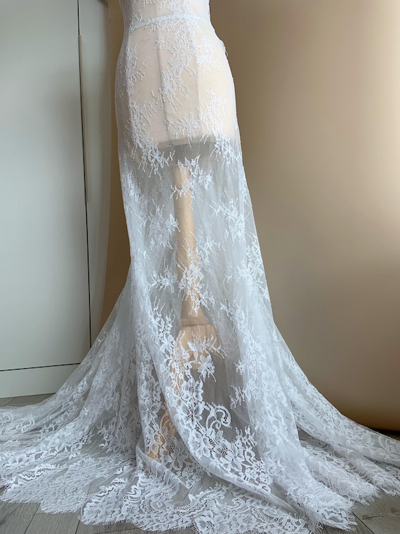 White Chantilly lace fabric with double scallops for wedding dress, bridal robe, veil