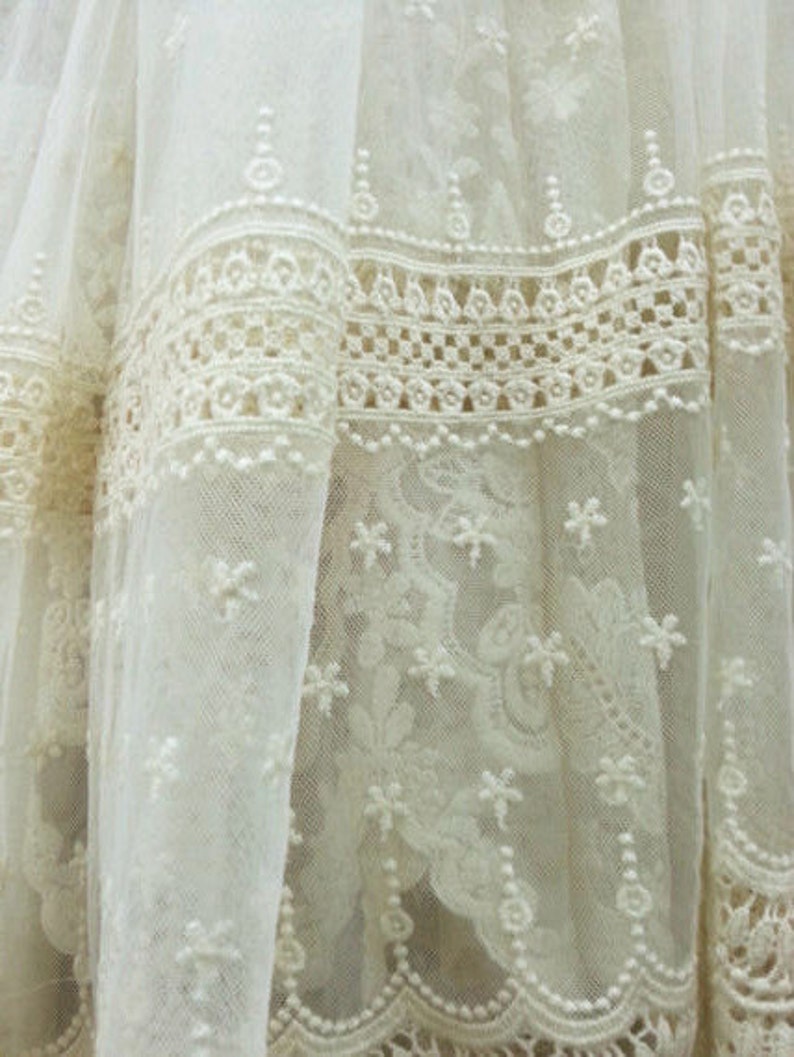 ivory Lace fabric, Embroidered tulle lace fabric, vintage lace fabric, antique style bridal lace, curtain fabric, tulle lace fabric ON SALE image 3