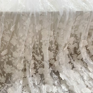 Off white Embroidered florals Tulle lace fabric,  3d flowers embroidery tulle lace fabric for couture, bridal dress