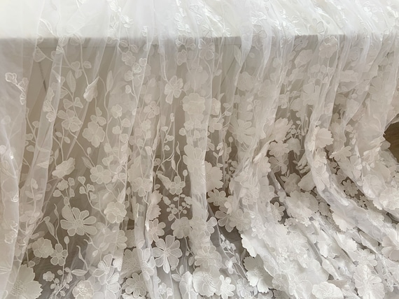 Off white Embroidered florals Tulle lace fabric,  3d flowers embroidery tulle lace fabric for couture, bridal dress