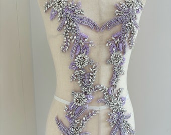 Lavender purple rhinestone appliqué  for couture, costume, dress, crafted florals motif bodice, deluxe bead florals applique for couture