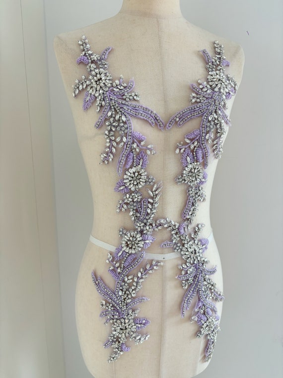 Lavender purple rhinestone appliqué  for couture, costume, dress, crafted florals motif bodice, deluxe bead florals applique for couture