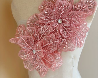 Watermelon pink 3d bead flowers applique for couture dance costume