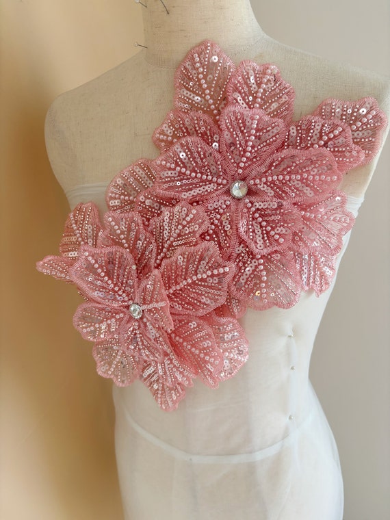 Watermelon pink 3d bead flowers applique patch for dance costume, garment supplies