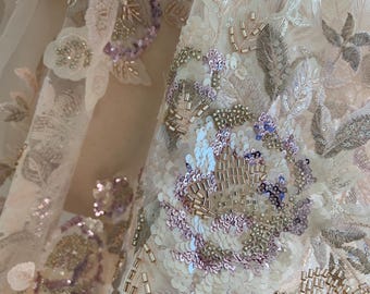 Tela bordada con cuentas color champán y flores, tela de cuentas pesadas con flores 3D para vestidos, alta costura