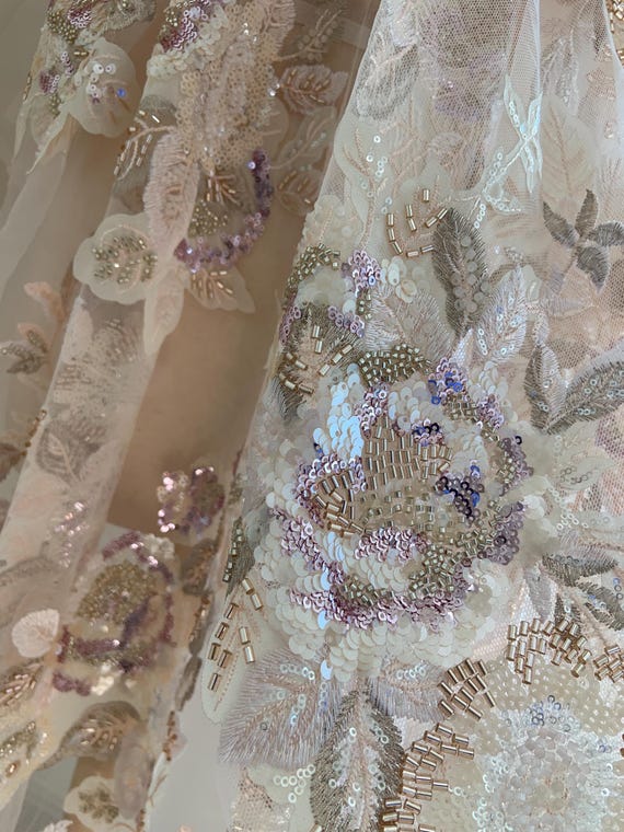 Champagne bead embroidery fabric with flowers, heavy bead fabric with 3d florals for dress, couture