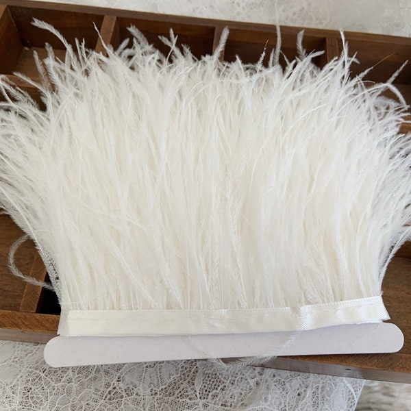 Bordure à franges en plumes d'autruche blanc cassé avec ruban pour robe et couture