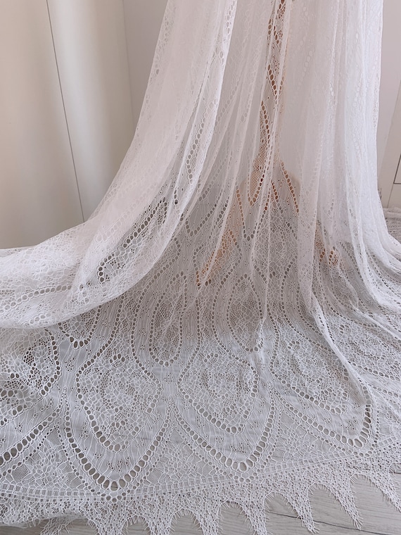 off white Chantilly lace fabric with scallops and fringes for bridal gown, lingerie, curtain, table cloths