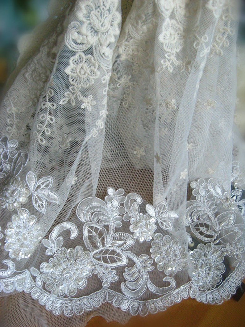 beaded bridal lace trim, ivory alencon lace trim, scalloped lace trim, sequined lace trim, vintage lace trim, CGDZ048B, CGDZ058DB image 2