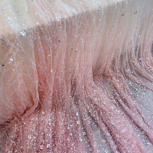 Peach beige ombré bead tulle lace fabric for bridal dress, sequined fabric with gradient colors and florals vines for bridal dress