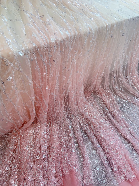 Peach beige ombré bead tulle lace fabric for bridal dress, sequined fabric with gradient colors and florals vines for bridal dress