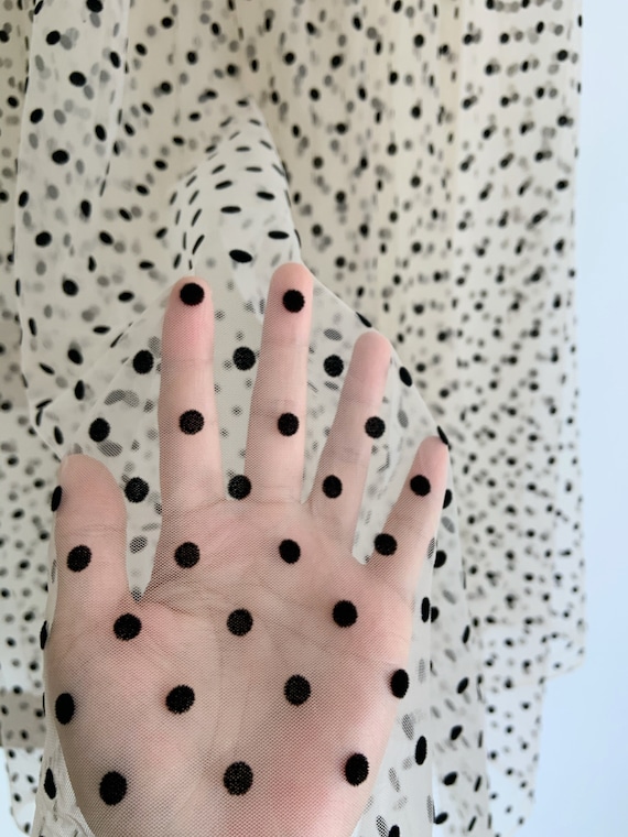 ivory cream tulle fabric with black polka dots, tulle fabric with flocking dots