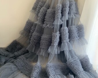 Dust Blue Ruffle Tulle Fabric: Soft Costume & Dress Material