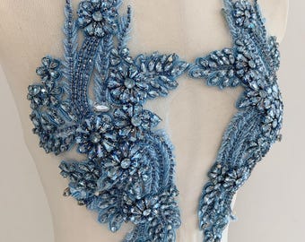 Baby Blue Rhinestone applique by pair for dress alterations, garments supplies