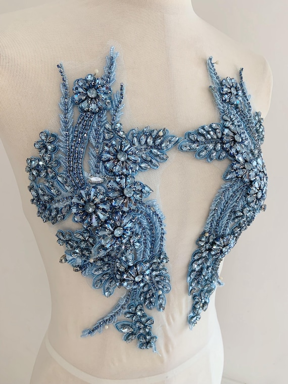 Baby Blue Rhinestone applique by pair for dress alterations, garments supplies