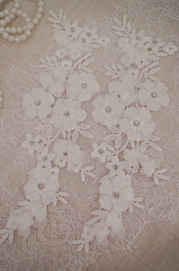 off white lace applique, 3D heavy bead lace applique with roses, 3D flowers lace applique, bridal lace appliques, bridal headpiece 2pcs
