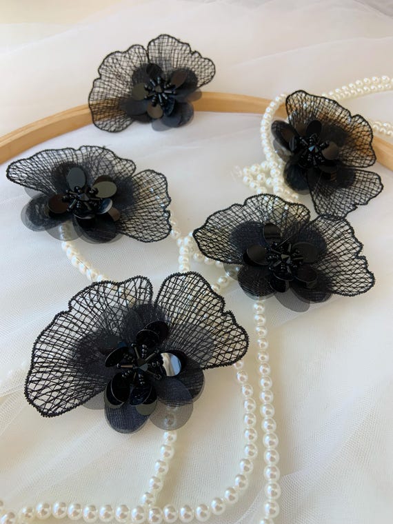 Black lace flower appliqué with sequins, 3d bead floral patch, handcrafted florals for garment supplies