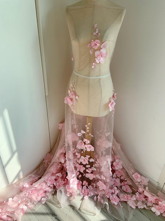Pink Tull fabric with 3d flowers for couture, bridal dress, pearl beaded florals fabric with 3d florals