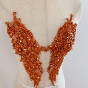Orange bead appliqué with rhinestones for couture dance costume gowns prom dress