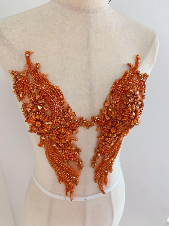 Orange bead appliqué with rhinestones for couture dance costume gowns prom dress