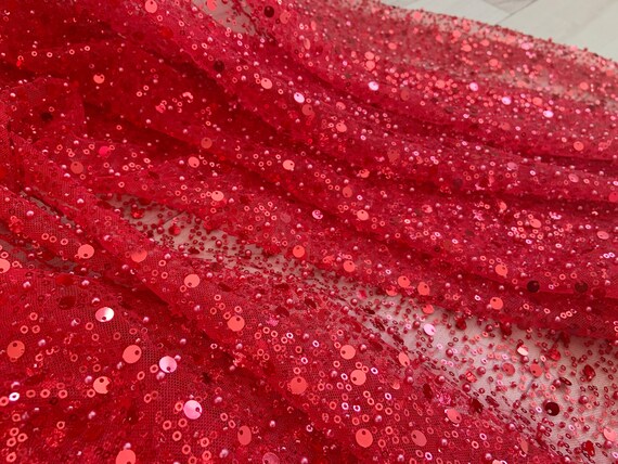 Red bead tulle fabric, sparkling bead tulle fabric with sequins, sequin fabric for dress, couture, costume