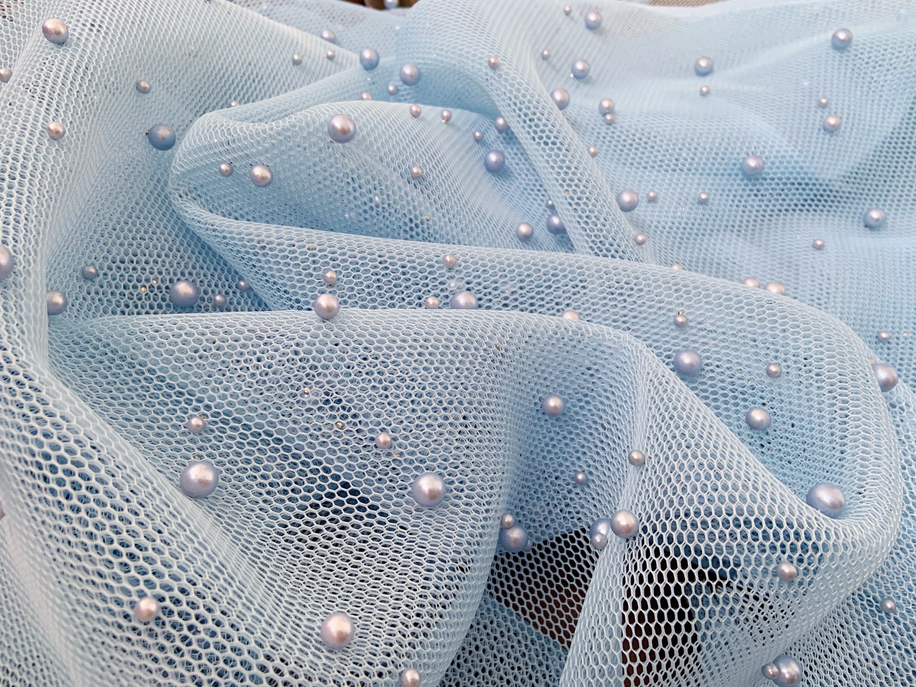 Light Blue Thick Stiff Net Fabric With Pearls, Pearl Bead Net