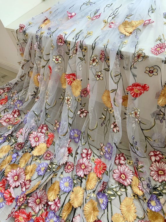 【willfully】sheer tulle embroidery panel Multi-colors Purple Flowers Embroidery Overlay Tulle Lace