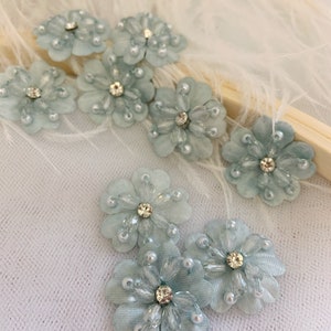 5pcs light blue 3d florals motif applique, handcrafted  organza lace appliques with rhinestone