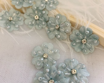 5pcs light blue 3d florals motif applique, handcrafted  organza lace appliques with rhinestone