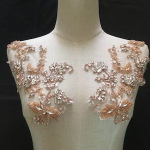 Roségoldene Strassapplikation mit Blumen, handgefertigte Strassapplikation für Couture-Tanzkostüm-Kopfschmuck