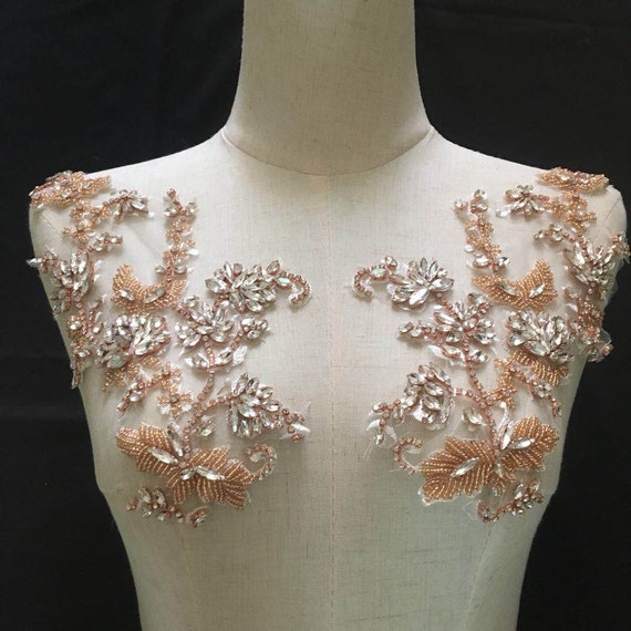 Rose Gold Rhinestone applique with florals, handcrafted rhinestone applique for couture dance costume headpiece