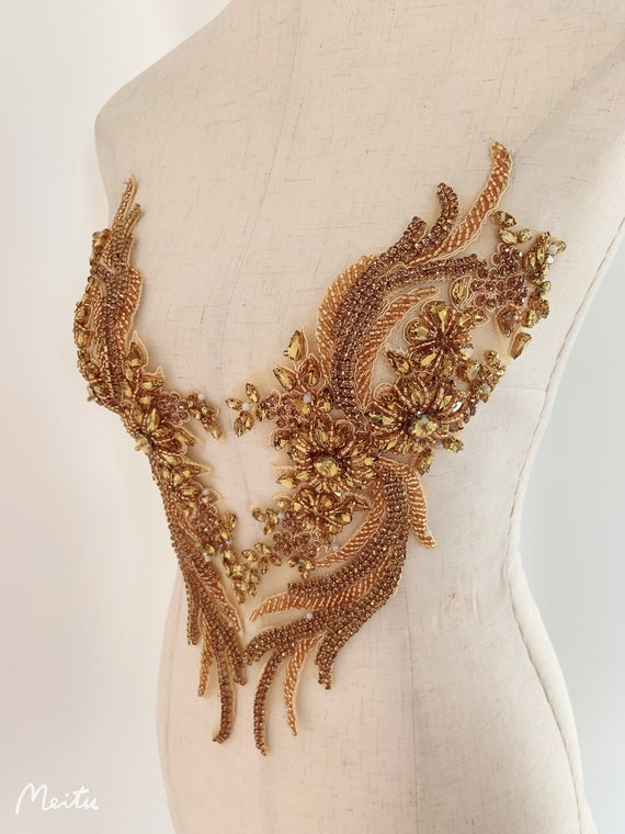 Sparkle gold rhinestone applique, crystal bodice patch, heavy rhinestone applique for couture dance costume
