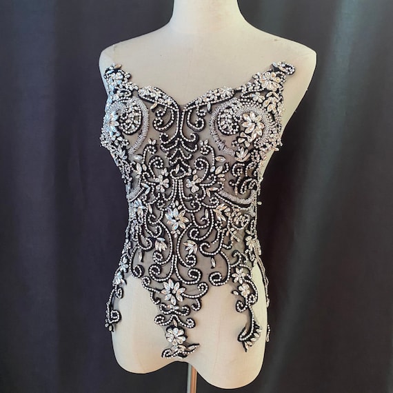 Black and silver Rhinestone bodice applique for couture, crystal bodice applique for dress, costume supplies
