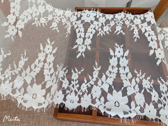 off white chantilly lace trim with double scallopes, lace trimming for fashion, French lace trim with eyelash fringe