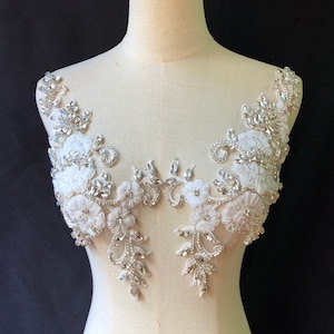 rhinestone applique with white flowers,  handcrafted bead applique for couture, dance costume, ball gown, bridal dress | white