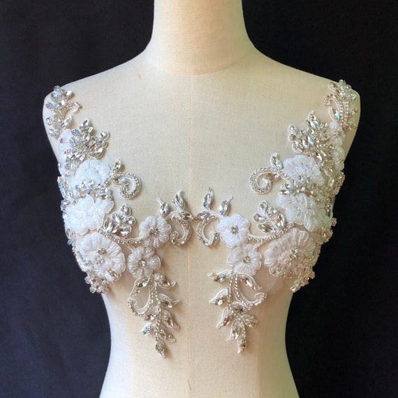 rhinestone applique with white flowers,  handcrafted bead applique for couture, dance costume, ball gown, bridal dress | white