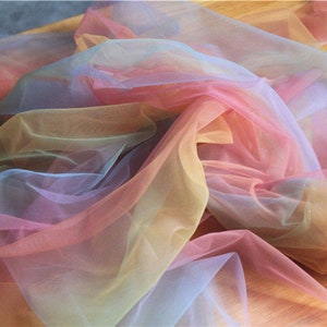 dream rainbow tulle fabric with Gradient colors, tie dyed style tulle mesh lace fabric, bridal tulle lace fabric with pearls