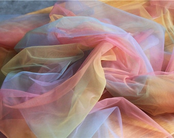 dream rainbow tulle fabric with Gradient colors, tie dyed style tulle mesh lace fabric, bridal tulle lace fabric with pearls