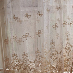 ivory Lace Fabric, Embroidered Lace Fabric with bows lace fabric, embroidered tulle lace fabric