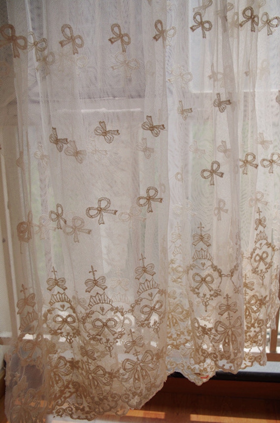 ivory Lace Fabric, Embroidered Lace Fabric with bows lace fabric, embroidered tulle lace fabric