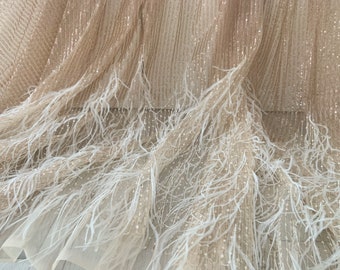 Sparkle sequined tulle fabric with Ostrich feather, French bead lace fabric for haute couture dress, high end lace fabric by the yard