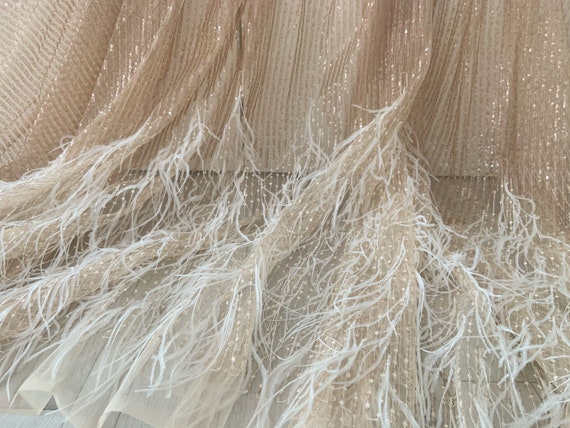 Sparkle sequined tulle fabric with Ostrich feather, French bead lace fabric for haute couture dress, high end lace fabric by the yard