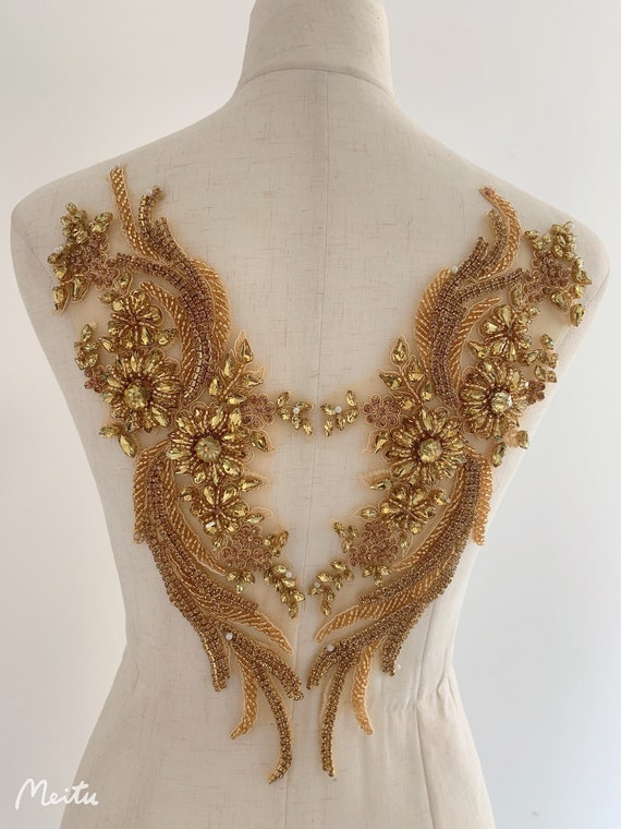 Gold rhinestone applique, crystal bodice patch, rhinestone flowers applique for haute couture, bridal dress , dance costume