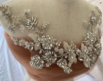 Deluxe florals Rhinestone applique for dress, handmade rhinestone applique for bridal headpiece, bead flower patch for supplies