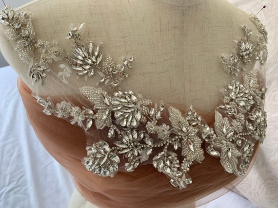 Deluxe florals Rhinestone applique for couture, handmade rhinestone applique for bridal headpiece, bead flower patch for couture supplies